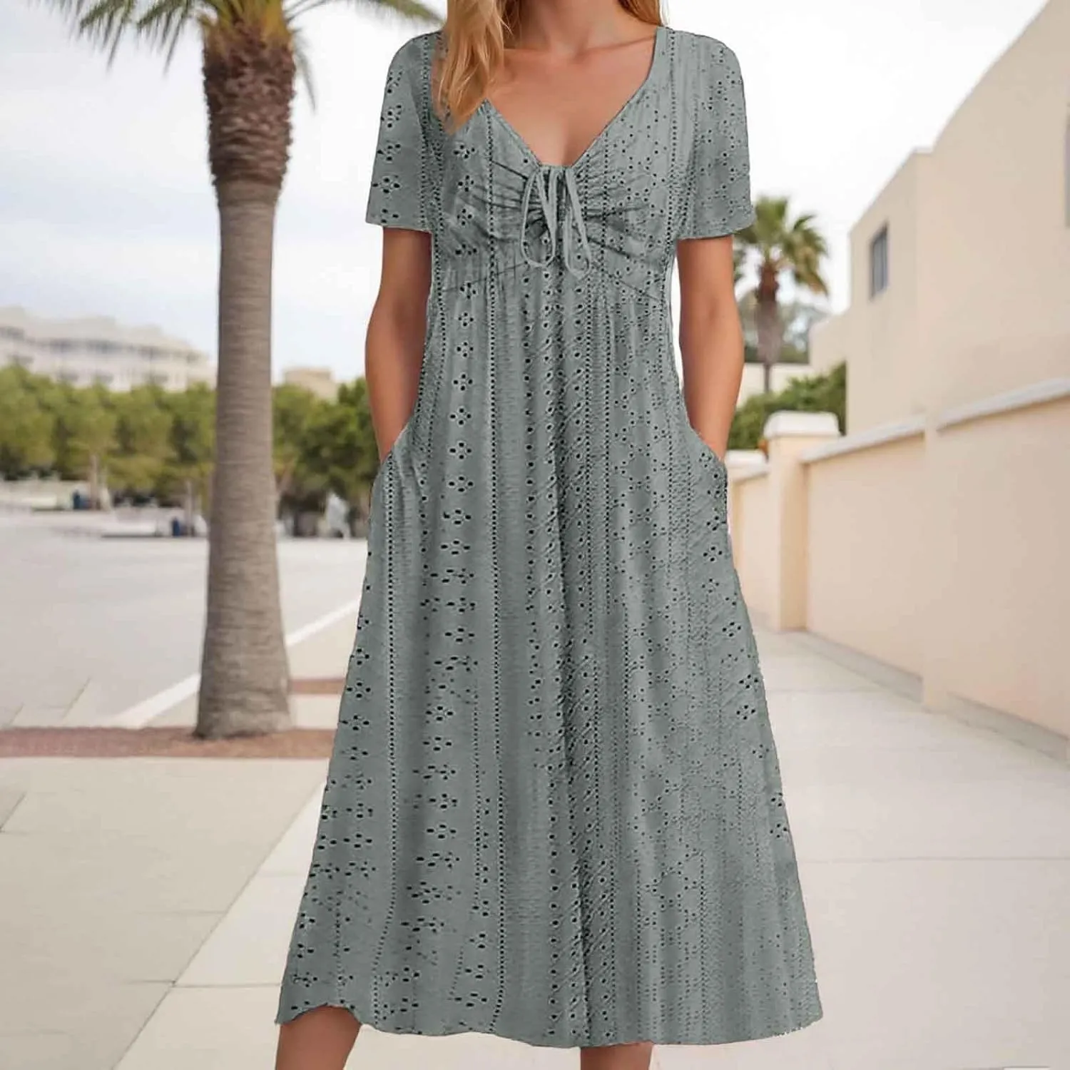 Work Dresses for Women 2025 Summer Lapel Short Sleeve Maxi Dress Casual Loose Plain Comfy Long Dresses with Pockets