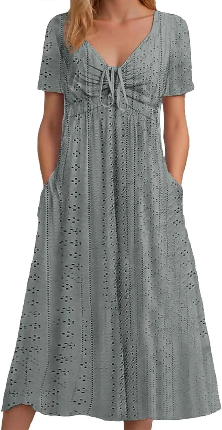 Work Dresses for Women 2025 Summer Lapel Short Sleeve Maxi Dress Casual Loose Plain Comfy Long Dresses with Pockets