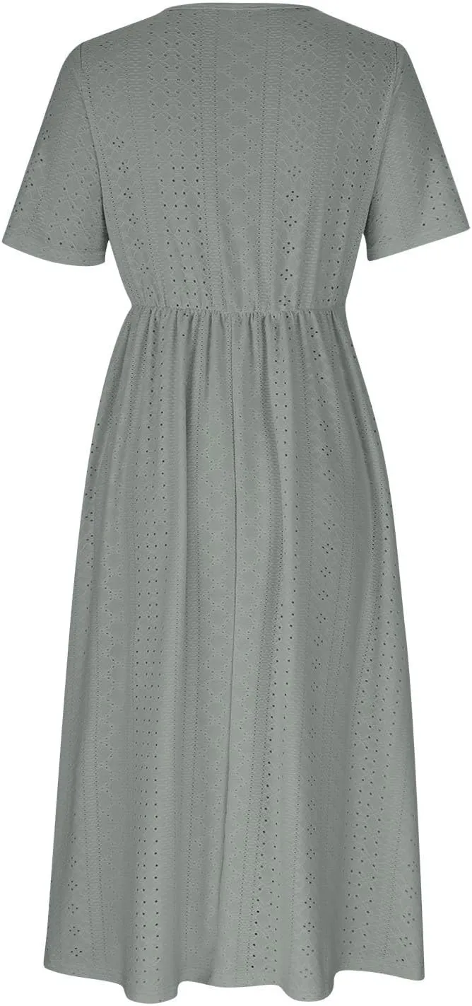 Work Dresses for Women 2025 Summer Lapel Short Sleeve Maxi Dress Casual Loose Plain Comfy Long Dresses with Pockets