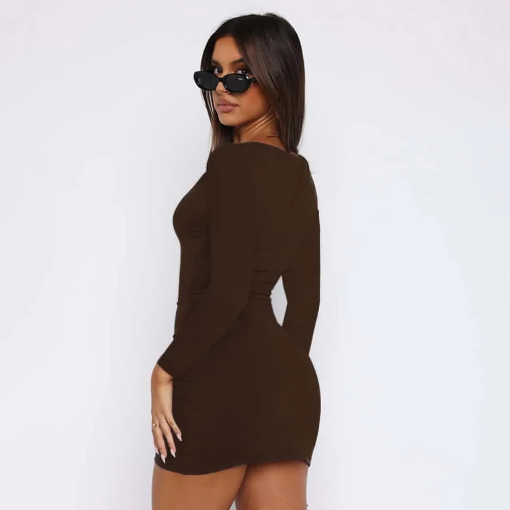 YOXUA Women's Fall Winter Long Sleeve Boat Neck Mini Dress Slim Fit Party Club Teacher Casual Office Dresses