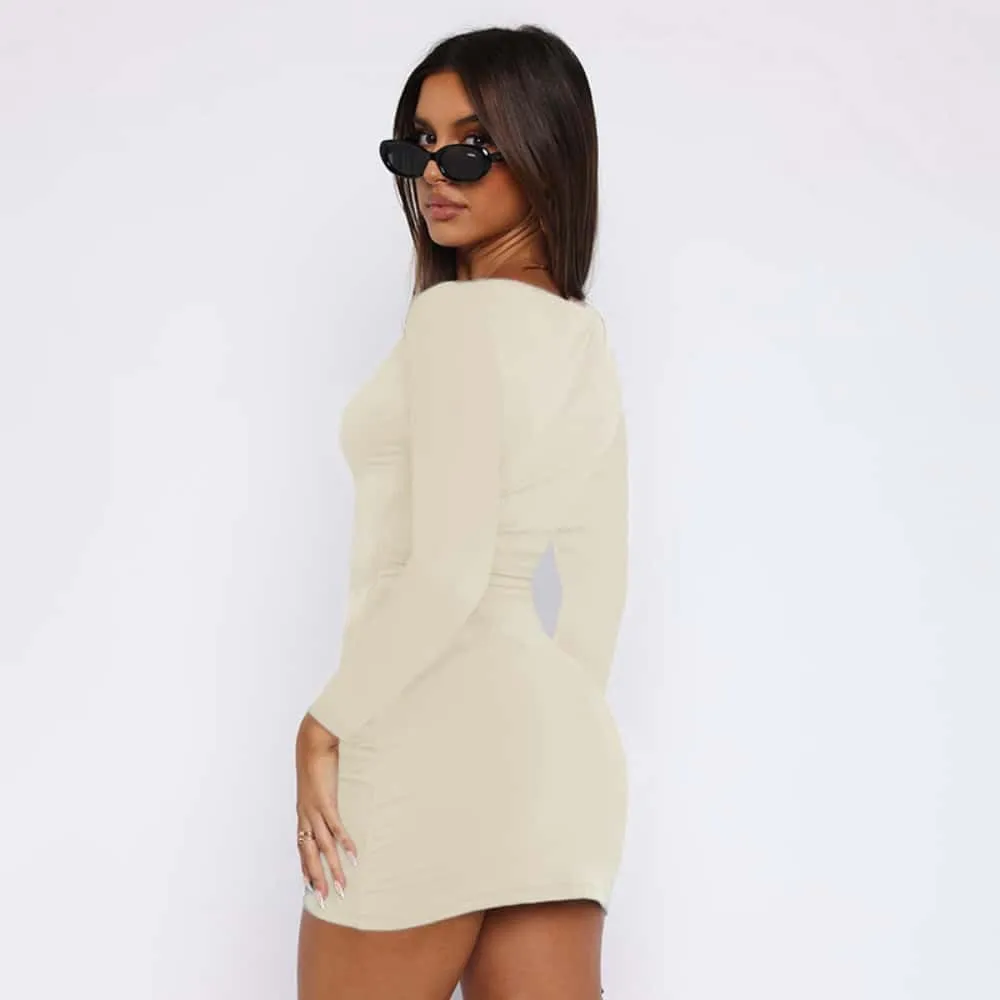 YOXUA Women's Fall Winter Long Sleeve Boat Neck Mini Dress Slim Fit Party Club Teacher Casual Office Dresses