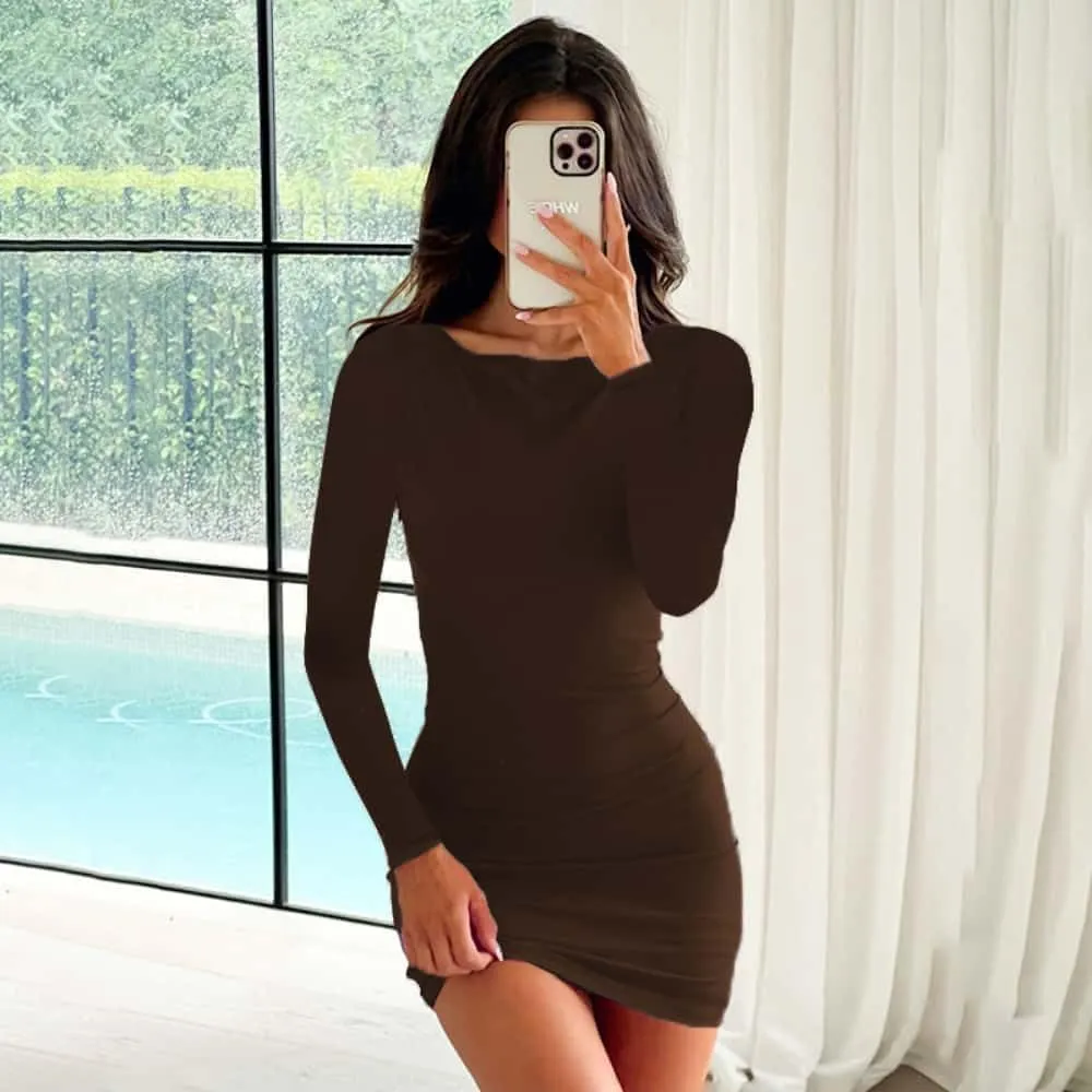 YOXUA Women's Fall Winter Long Sleeve Boat Neck Mini Dress Slim Fit Party Club Teacher Casual Office Dresses