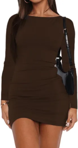YOXUA Women's Fall Winter Long Sleeve Boat Neck Mini Dress Slim Fit Party Club Teacher Casual Office Dresses